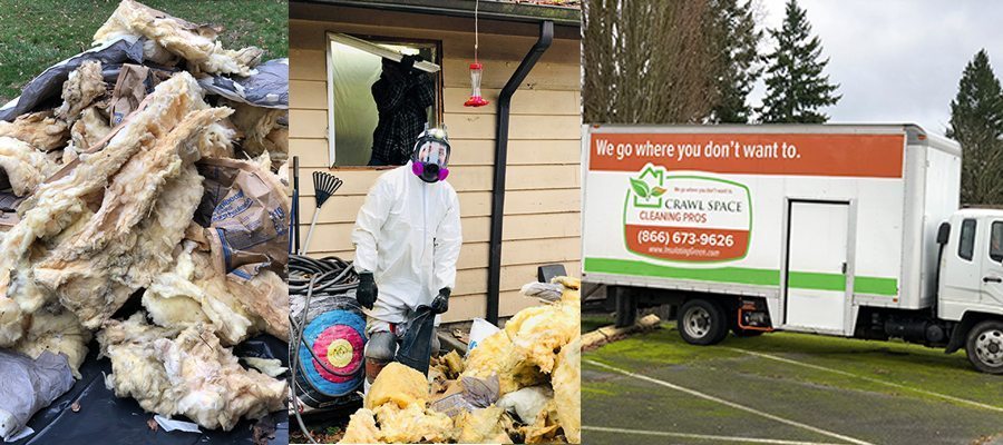 three pictures side by side of old material that was removed in a crawl space, a Crawl Pros professional gathering old material, and a Crawl Pros professional truck