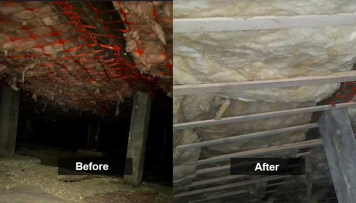 Before and after pictures of a crawl space insulation install