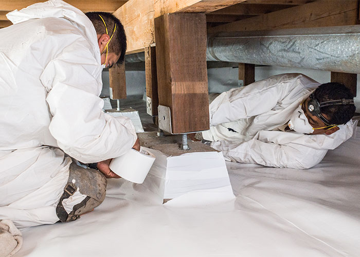 Crawl Pros professional installing protective material for a crawl space water remediation