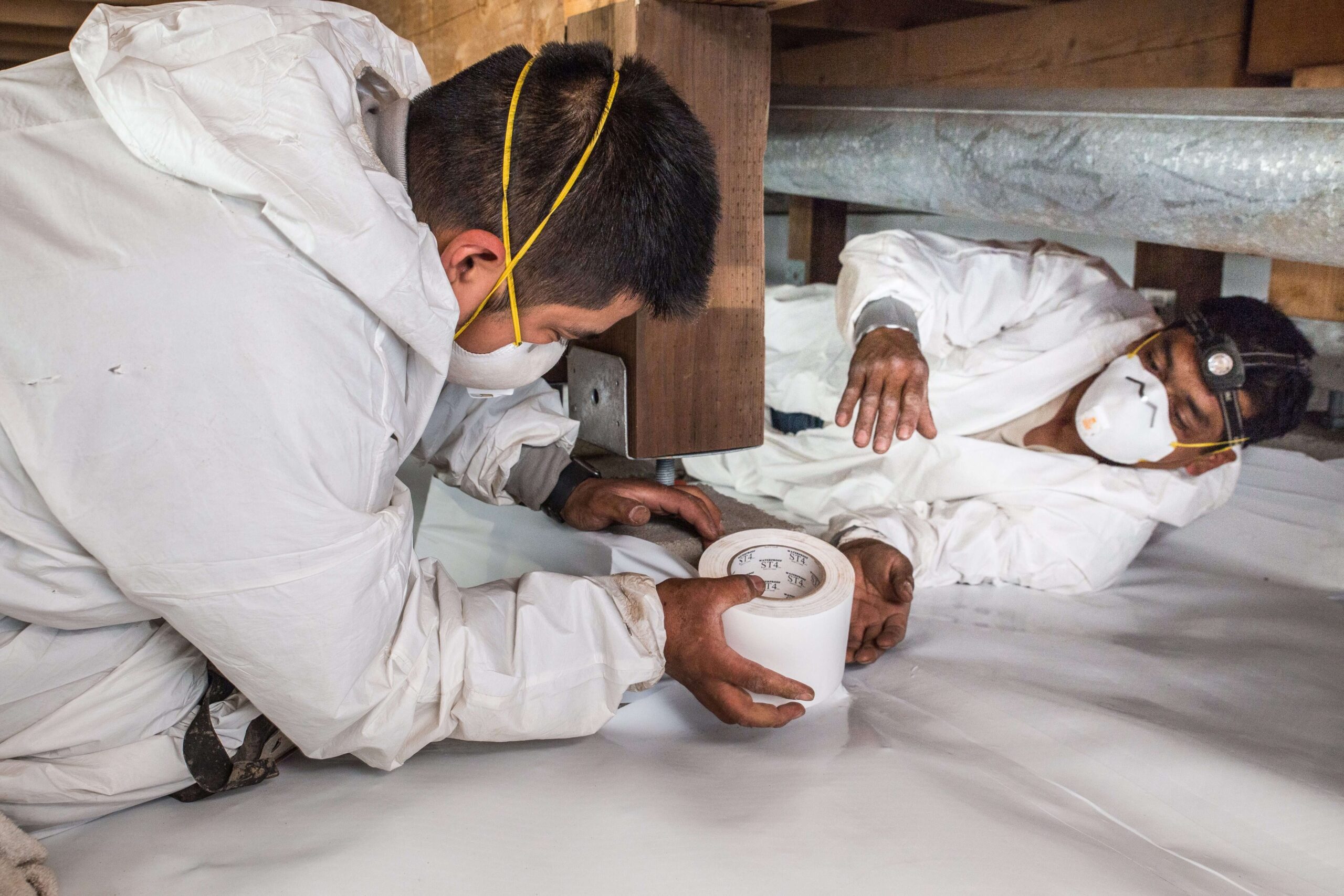 Crawl Pros professionals installing a vapor barrier