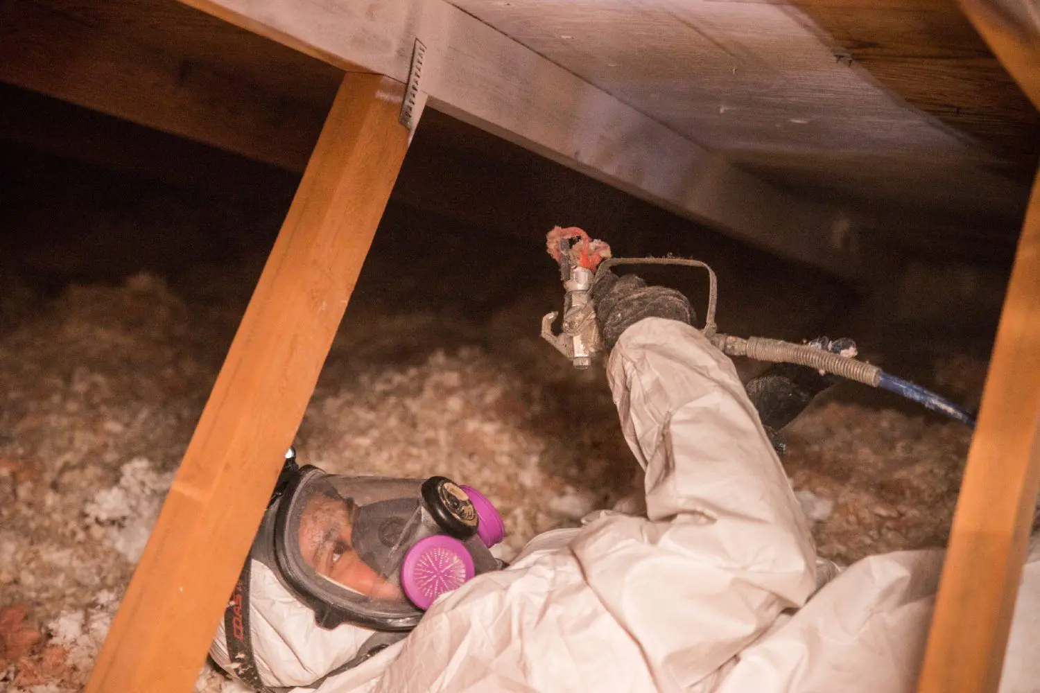 Crawl Pros professional performing an attic mold remediation by spraying protective coating on attic wood