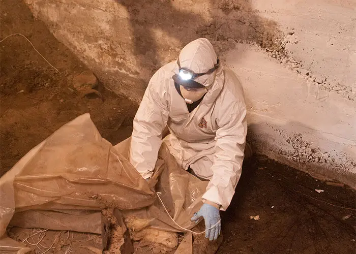Crawl Pros professional cleaning up old material during a crawl space cleanout service