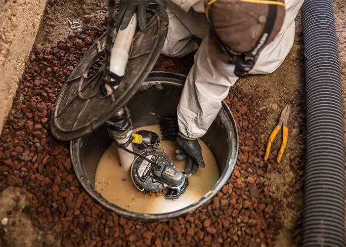 Crawl Pros professional working on a sump pump for water remediation in a crawl space